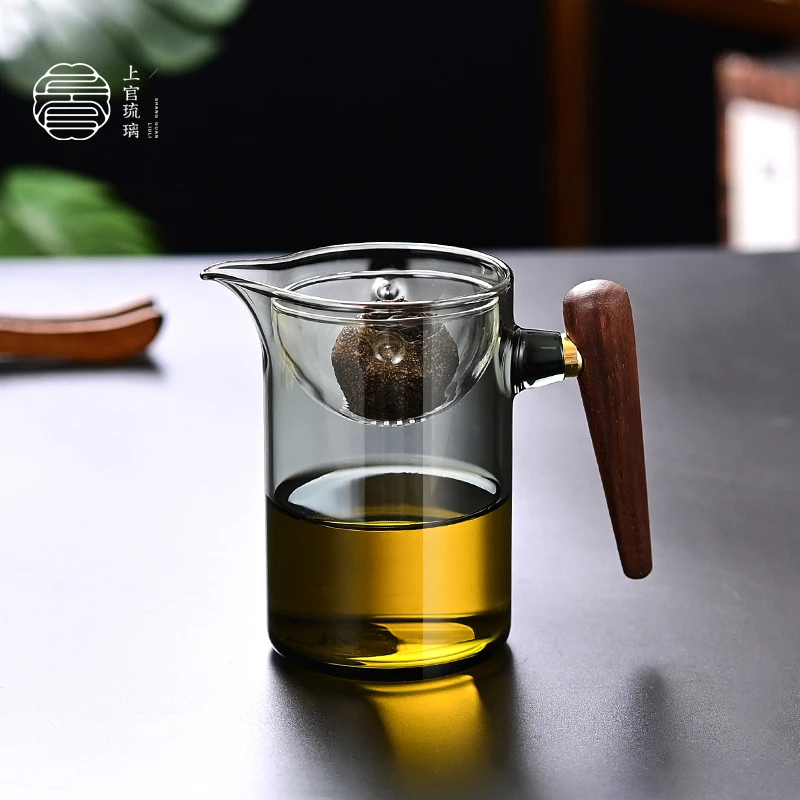 逍遥杯高硼硅耐热玻璃磁吸茶水分离泡茶壶，胡桃木把过滤茶杯家用
