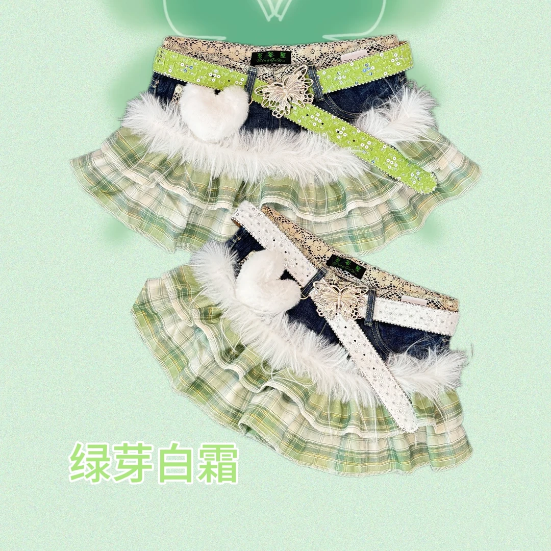 “绿芽白霜”-娜娜古着y2k手作牛仔拼接辣妹裙可直拍y2k亚文化短裙