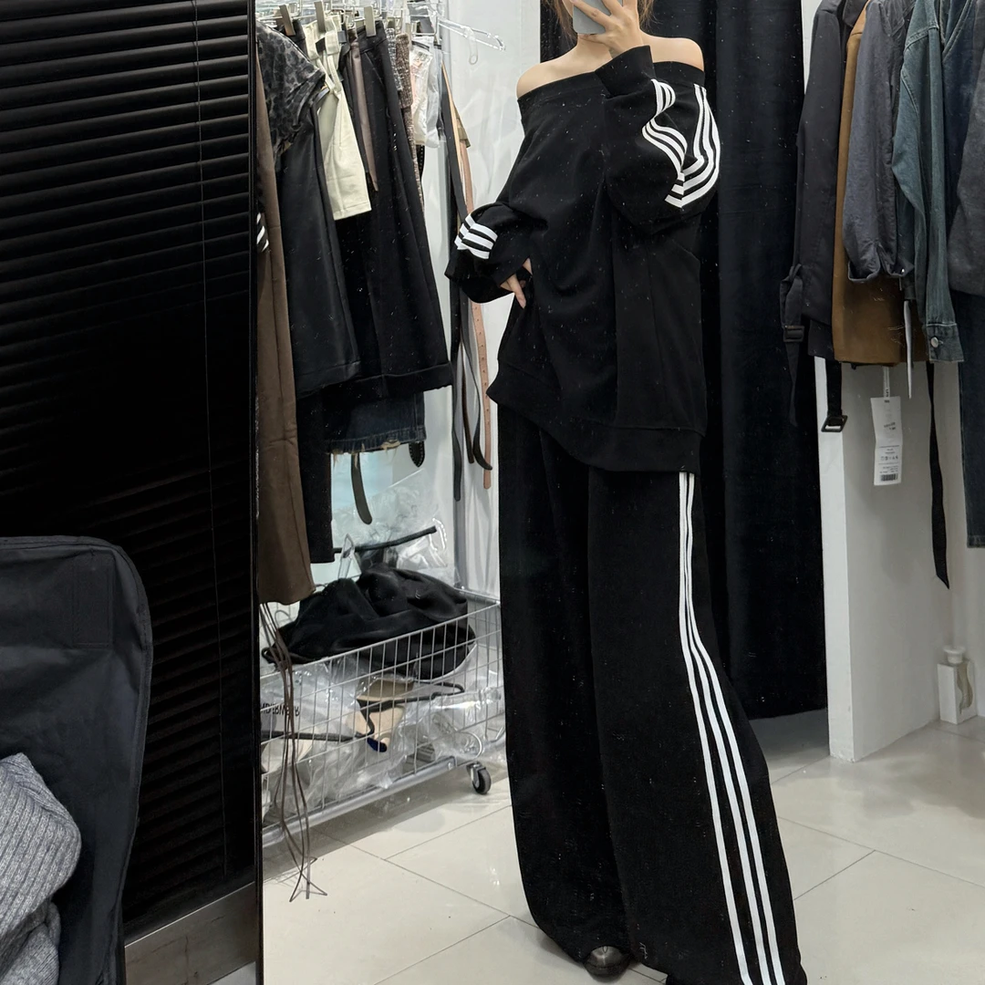早秋款女装美式复古条纹直筒阔腿休闲宽松三道杠卫裤