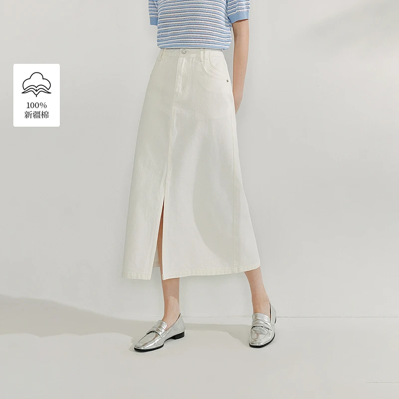 茵曼2025夏季简约纯棉A字白色牛仔半身裙女开叉显瘦裙子