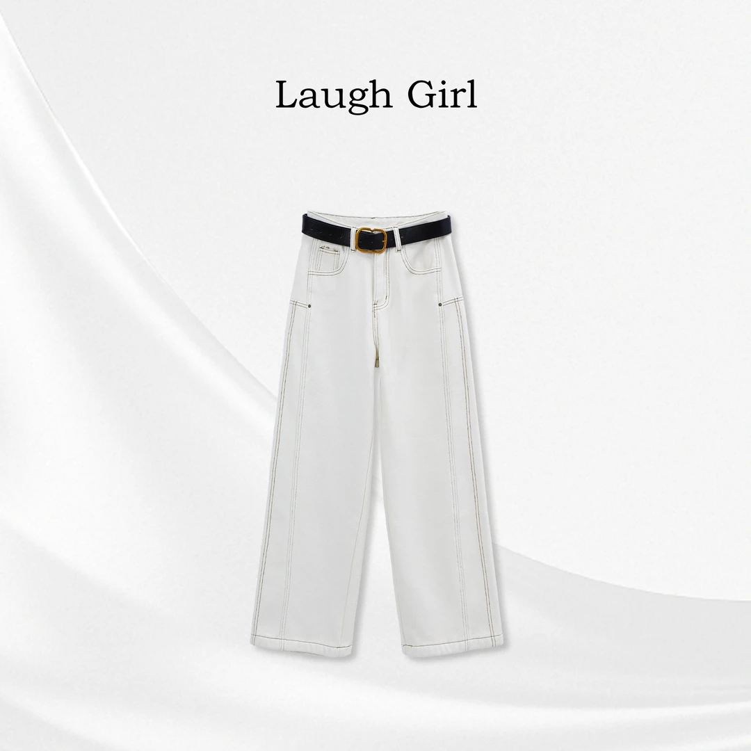 楚楚君 Laugh girl【奶油牛仔】秋冬加绒明线直筒牛仔裤KL55080J