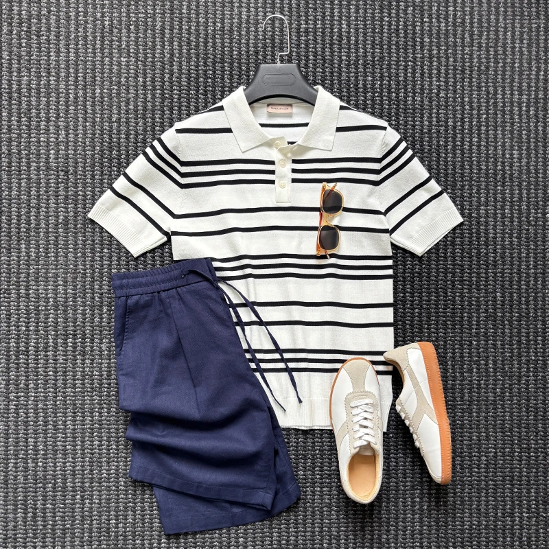 夏季高定老钱风男士轻熟翻领针织POLO衫时尚条纹冰丝短袖T恤男