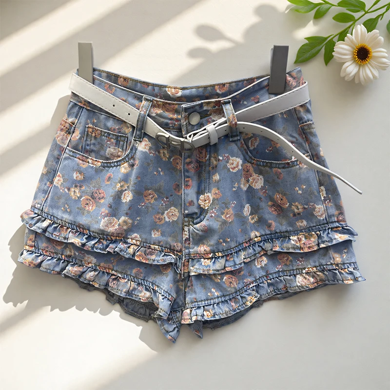 短裤高腰印花牛仔薄款阔腿裤热裤阔腿夏季拼接流苏时尚短裤