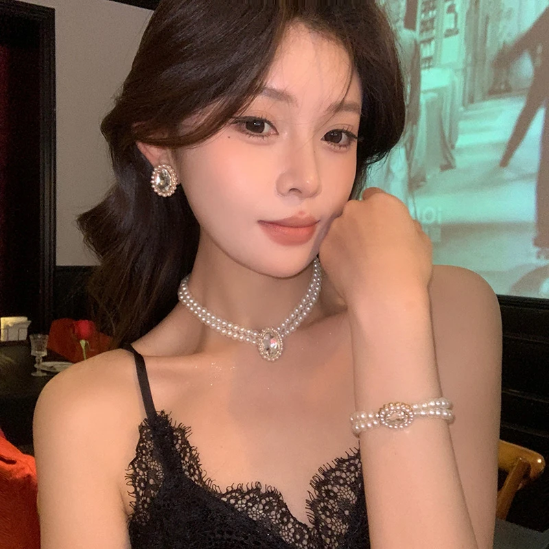 铜合金仿珍珠项链 3件套椭圆水晶双层珠子项链耳环手链百搭锁骨链