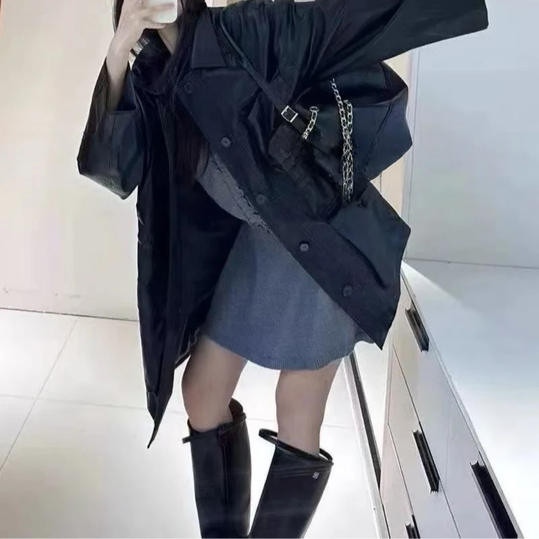Manmi  复古工装风设计款皮风衣外套  8853（C3）