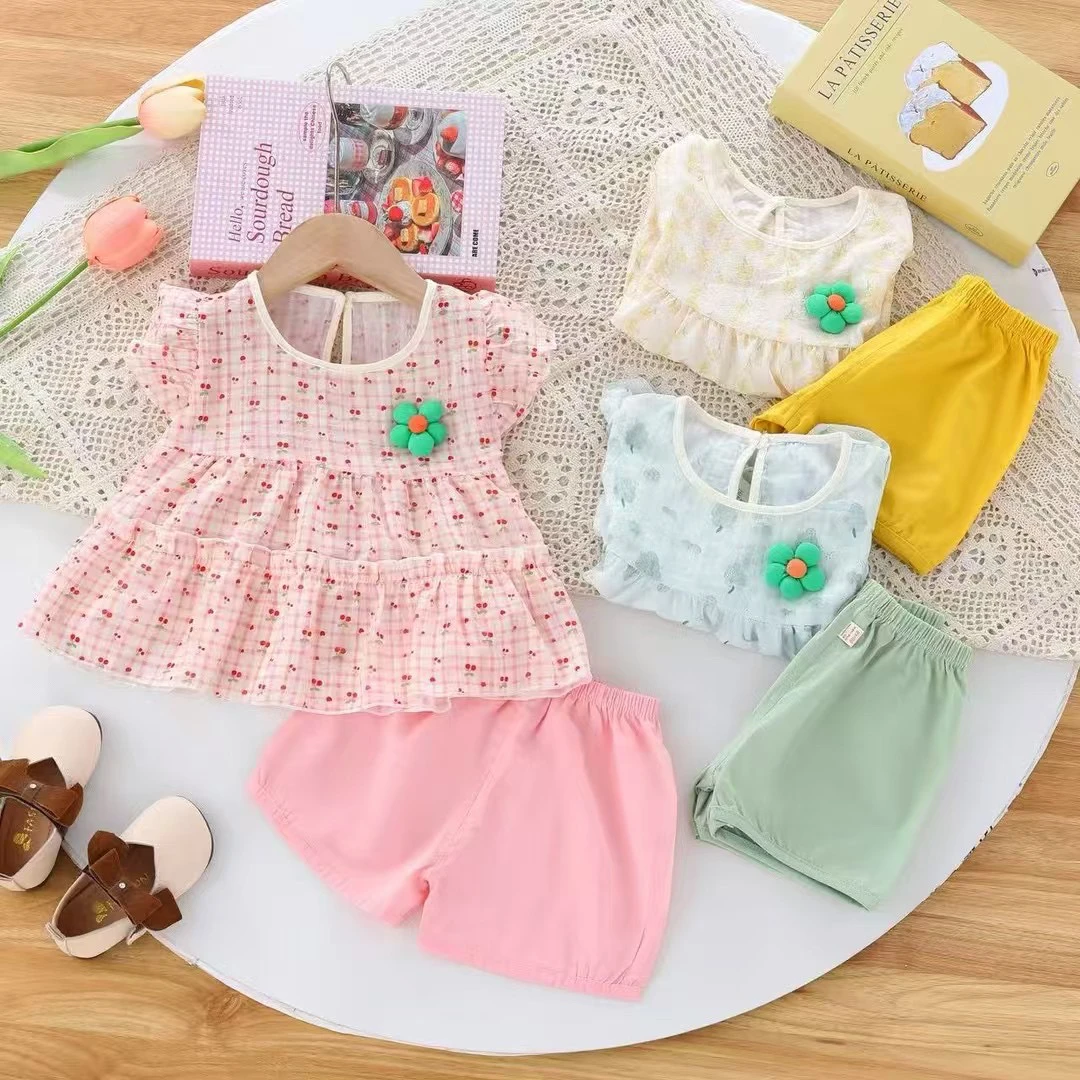 童装夏季卡通风套装女宝婴儿套头无袖女千金风薄款