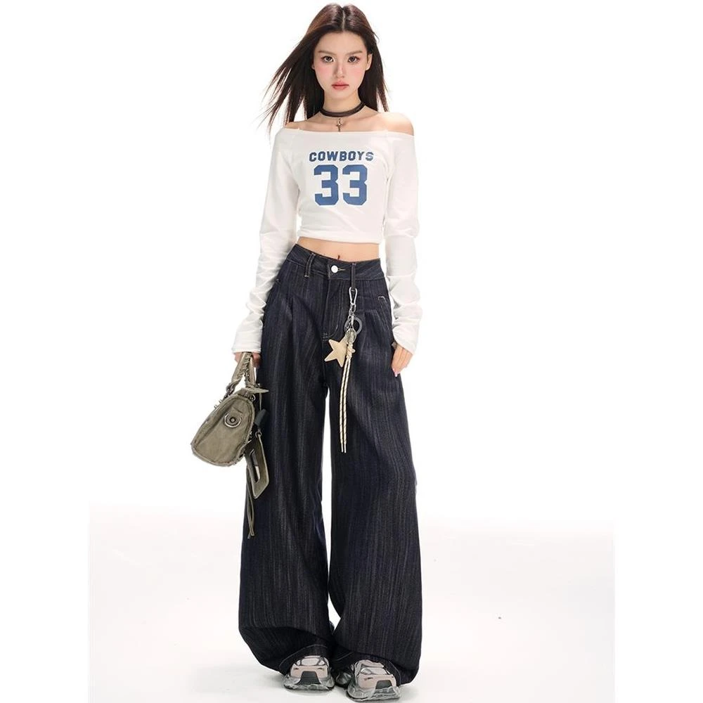 175高个子加长深蓝色覆古宽松阔腿牛仔裤女肌理感百搭直筒拖地裤