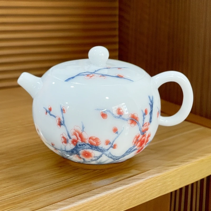 德艺 L524冰种玉瓷釉下手绘梅花西施壶功夫茶壶约230ml釉里红中式