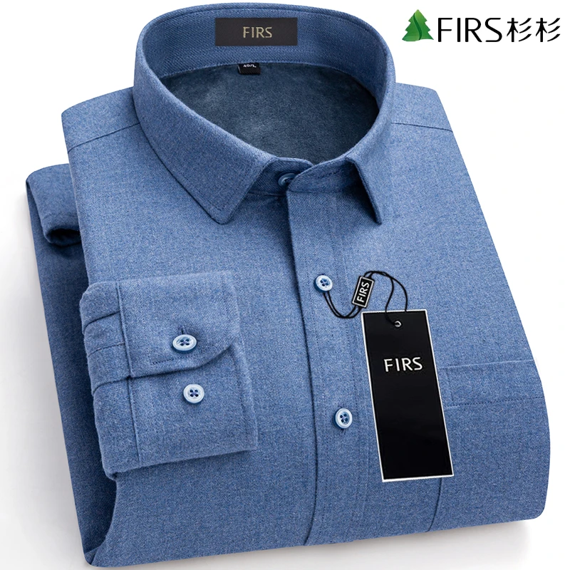 杉杉冬季男士纯色保暖纯棉衬衫加绒加厚衬衣条纹男长袖一体绒衬衣