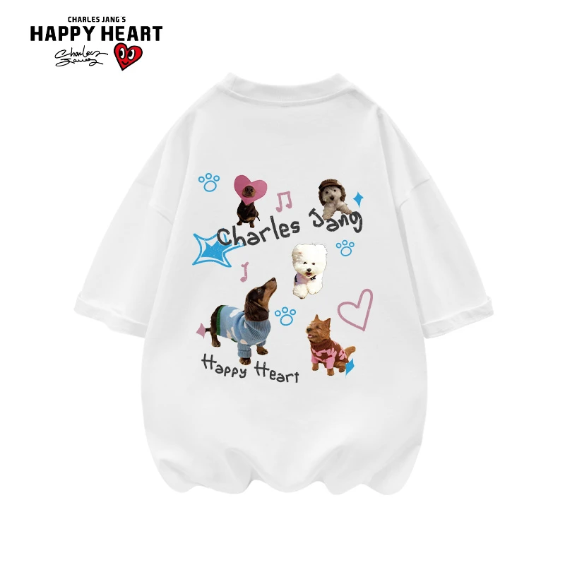 查尔斯桃心 纯棉印花短袖卡通风T恤宽松夏装半袖宽松男女同款y