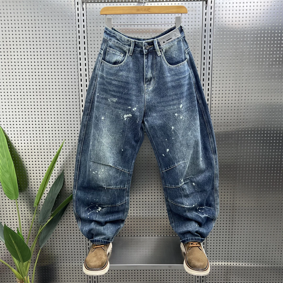 潮流个性宽松直筒泼墨牛仔裤男2025秋冬季新款潮流拼接痞帅弯刀裤