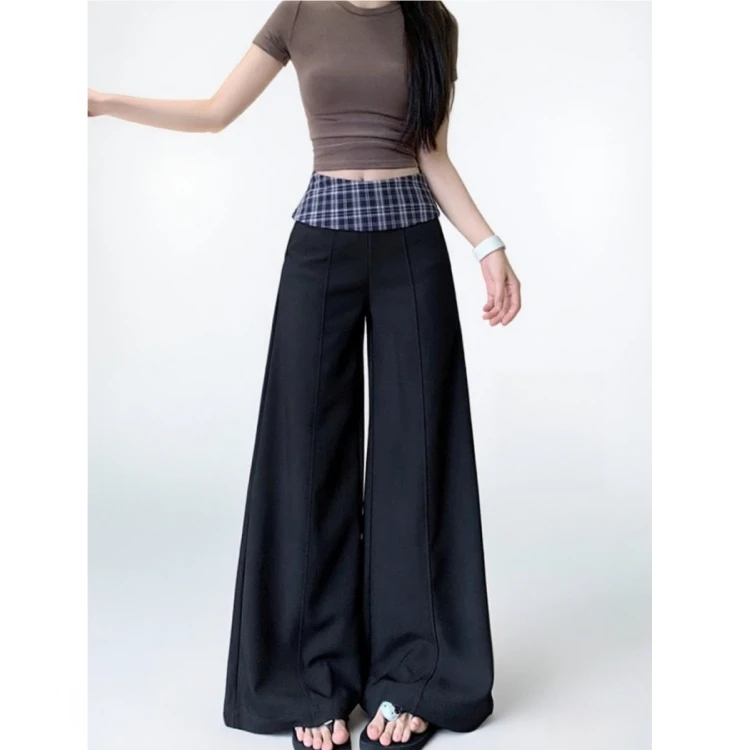 黑色休闲阔腿裤女2025秋季新款高腰宽松开叉格子拼接垂感西装长裤