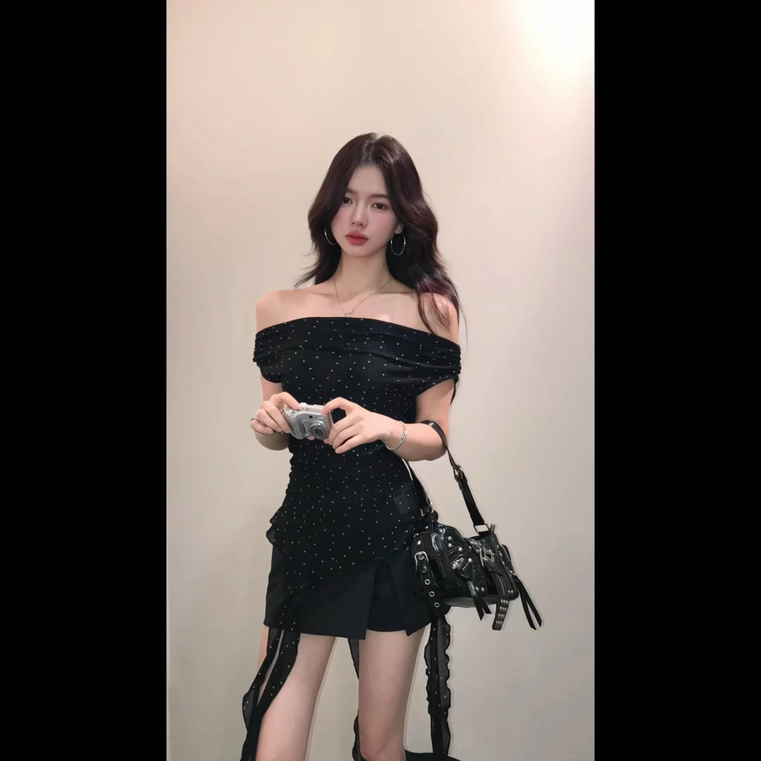 不规则辣妹飘带波点上衣女夏法式一字肩上衣半身裙套装