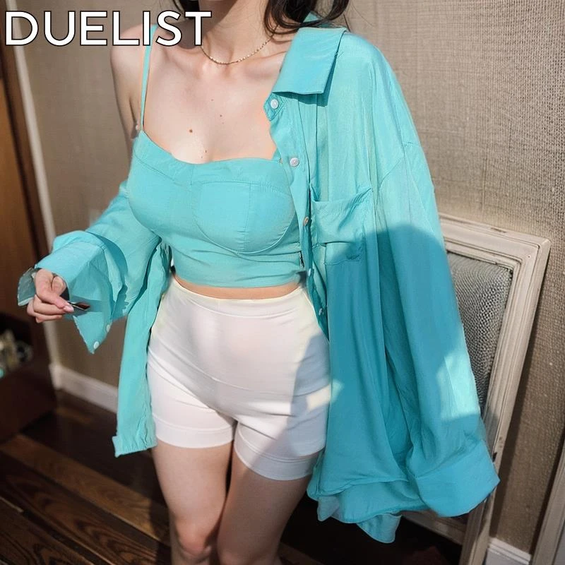 DUELIST防晒衬衫女年夏季复古可盐可甜炸街盐系吊带衬衣两件套装