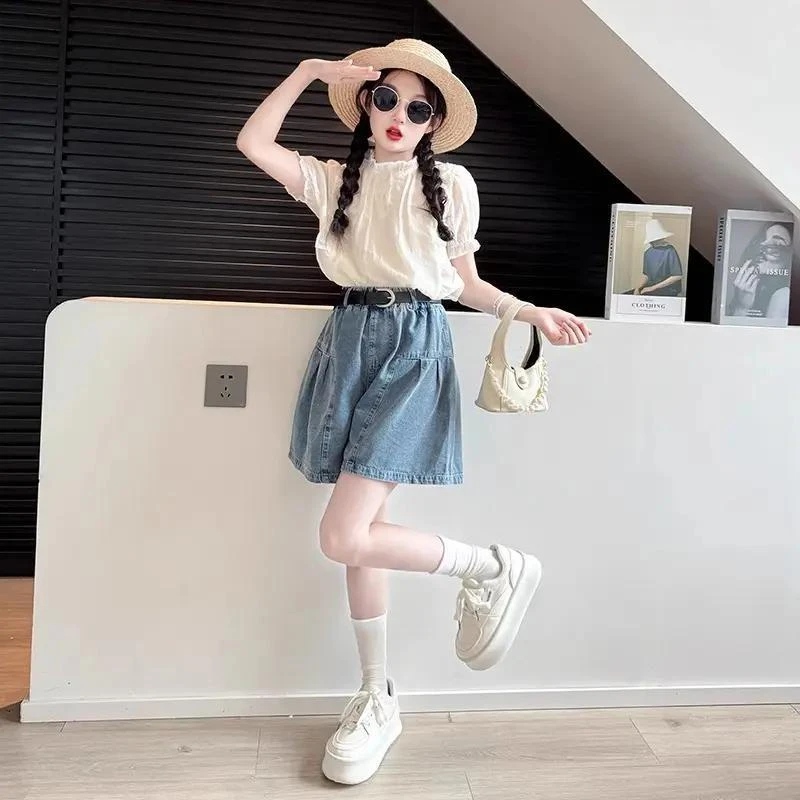 女童夏装套装2025新款儿童洋气娃娃衫上衣中大童牛仔短裙裤两件套