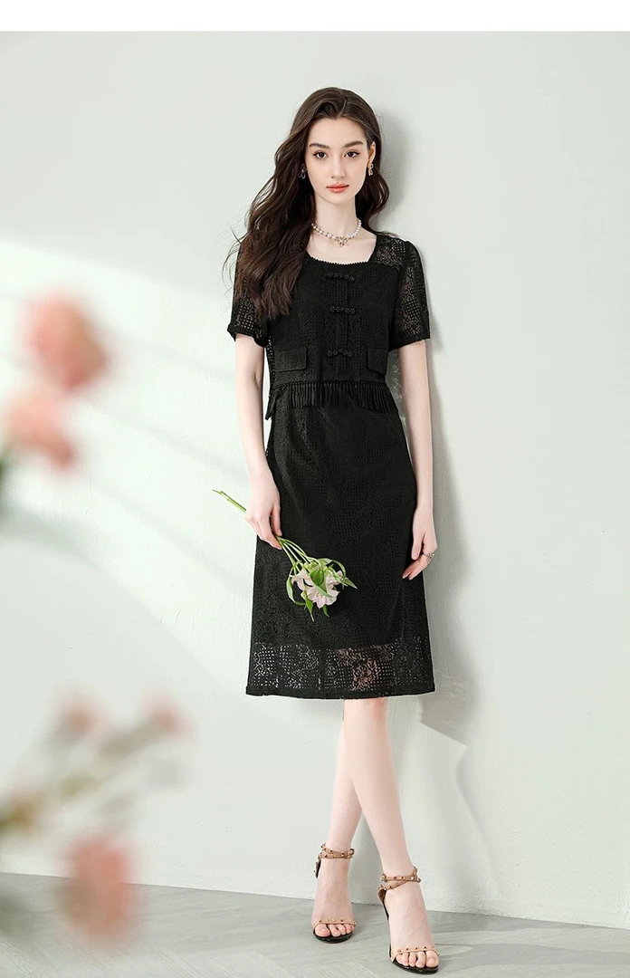 【断码清仓】L806夏季时尚方领蕾丝流苏假两件连衣裙SS4