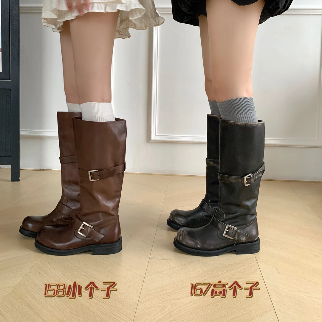 【美靴专家】超软水洗饮奶牛皮做旧堆堆中筒靴美拉德