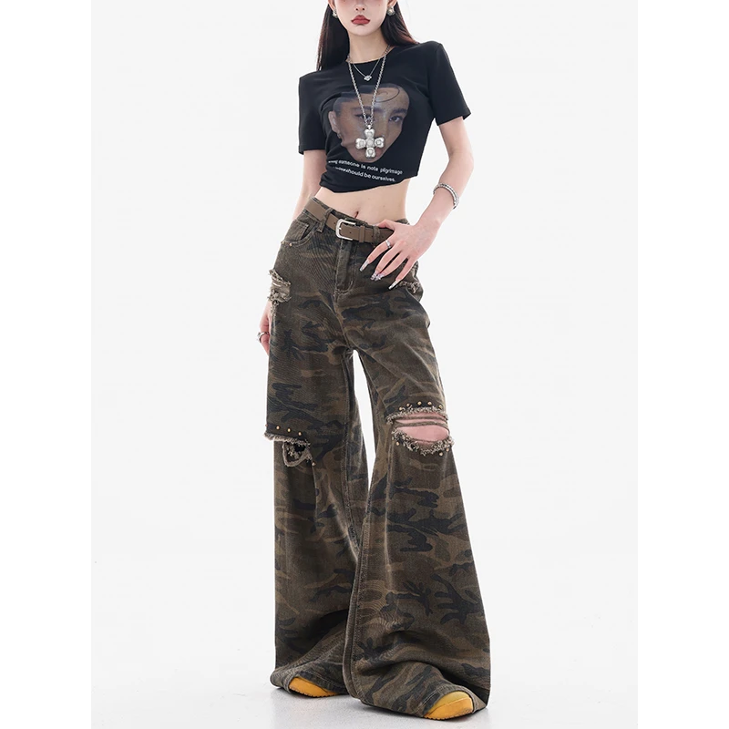 ABWEAR原创美式复古迷彩破洞牛仔裤女春秋新款宽松直筒阔腿裤裤子