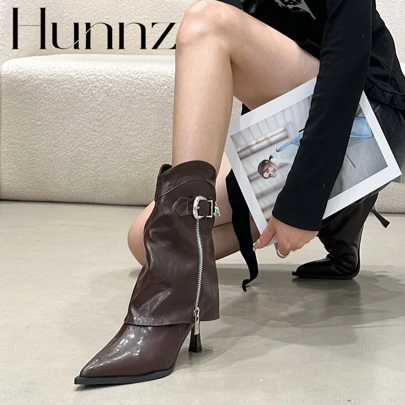 hunnz尖头皮带扣西部牛仔靴女2025秋季拉链细跟短靴高跟短筒靴
