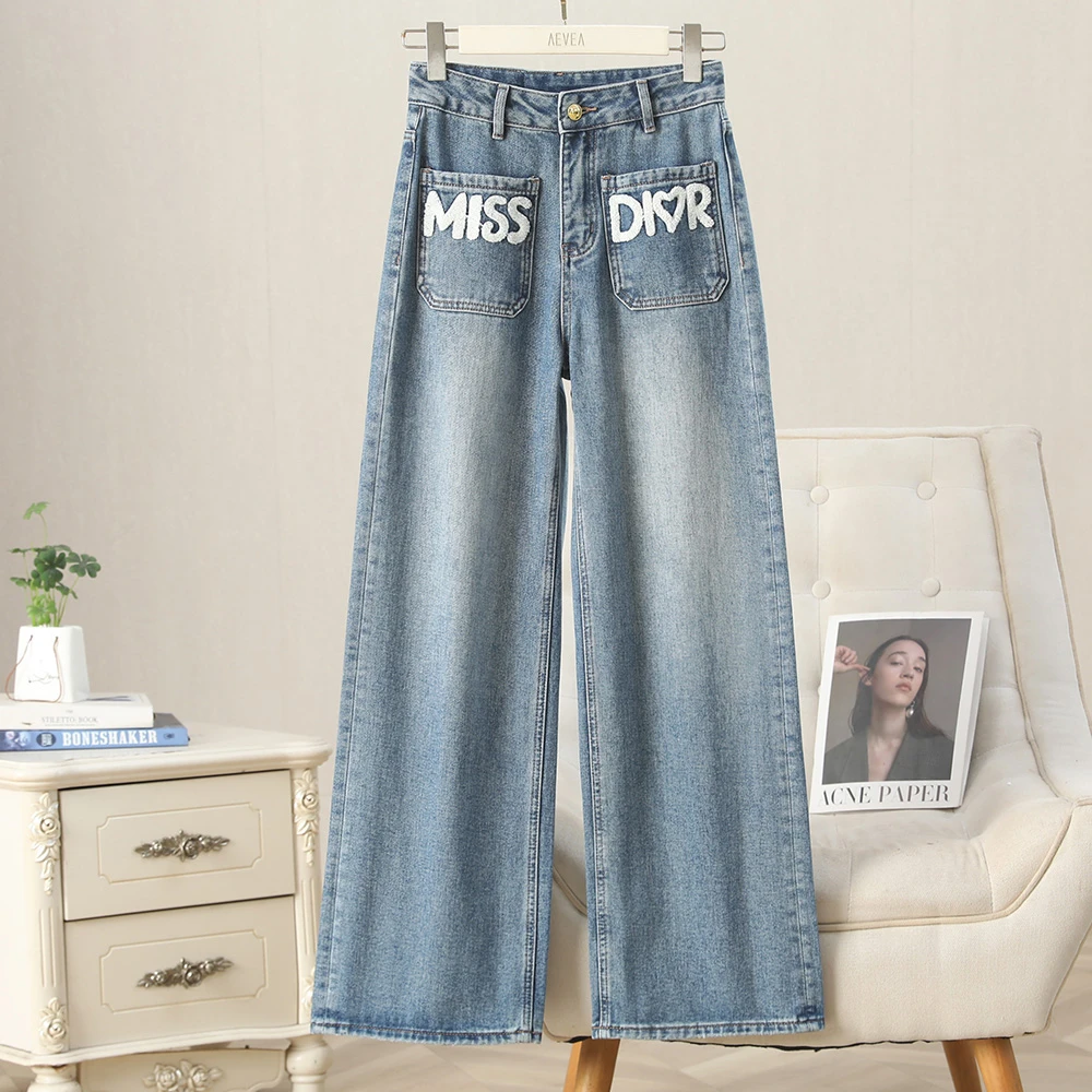 【C226】植绒字母印花窄版牛仔长裤女韩版休闲直筒裤宽松阔腿拖地裤