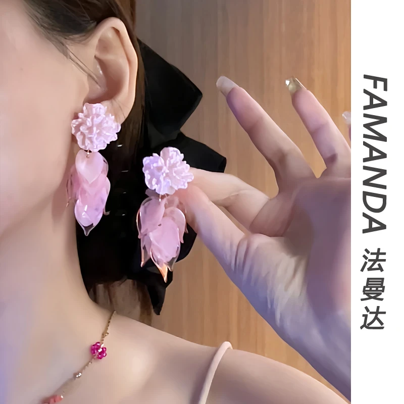 非金属亚克力耳饰 【粉粉淡雅】花朵流苏吊坠耳环