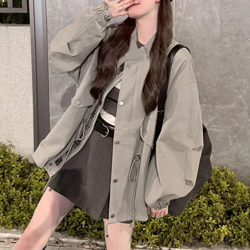 2025早秋款高级感时尚百搭宽松廓形收腰风衣外套简约纯色拼接外套