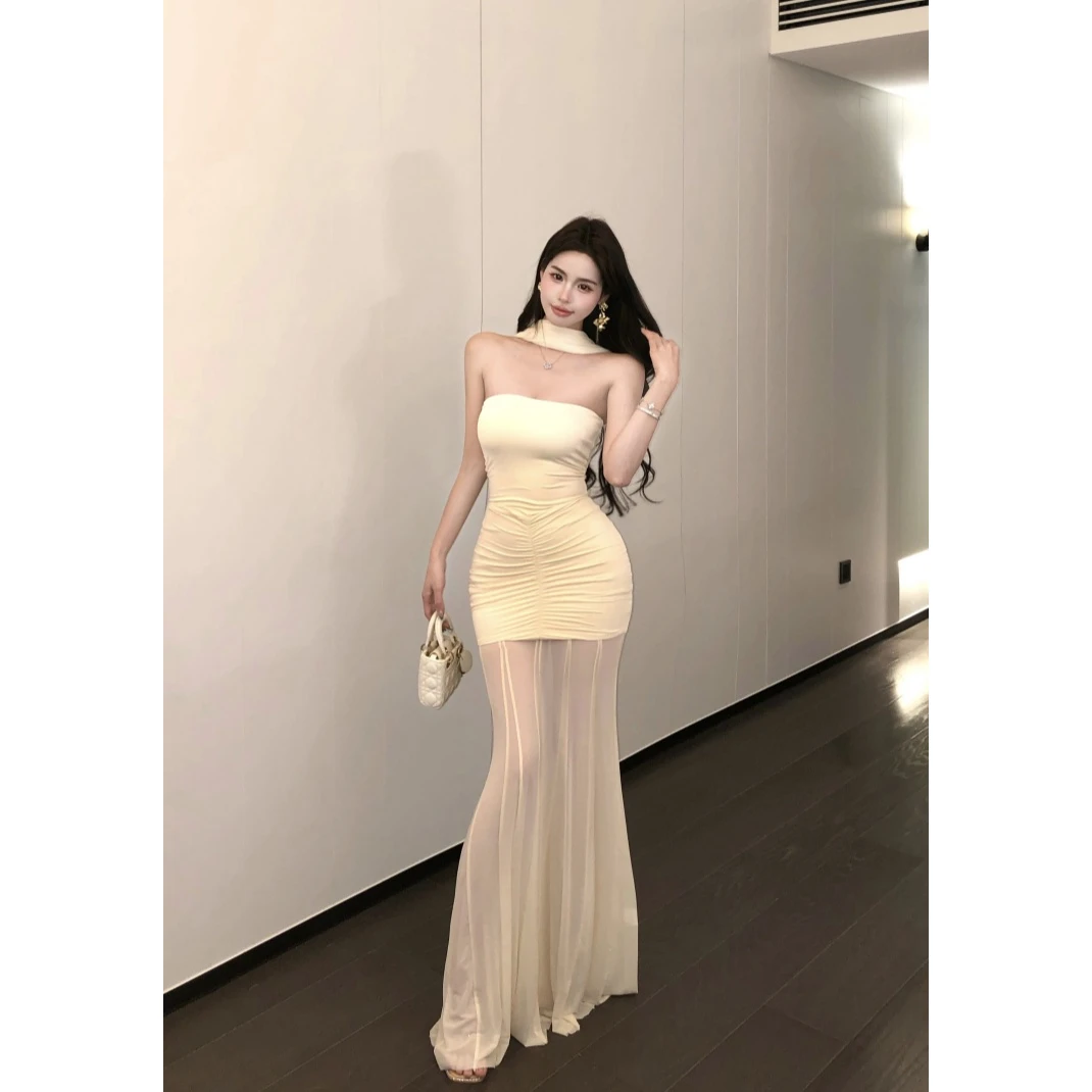 一字肩纯欲无袖抹胸连衣裙女夏季网纱拼接鱼尾裙子设计感包臀长裙