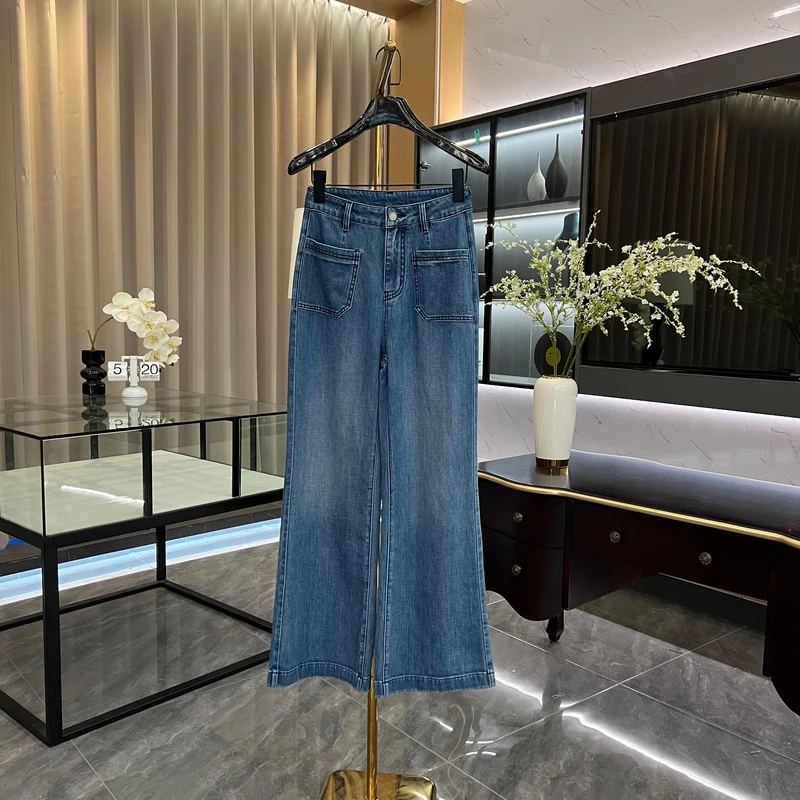 双口袋设计蓝色薄款牛仔窄版直筒阔腿裤宽松时尚百搭显瘦GK-291