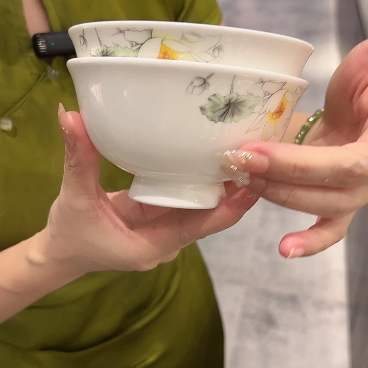 摆件景德镇高温瓷器千里荷香饭碗一对