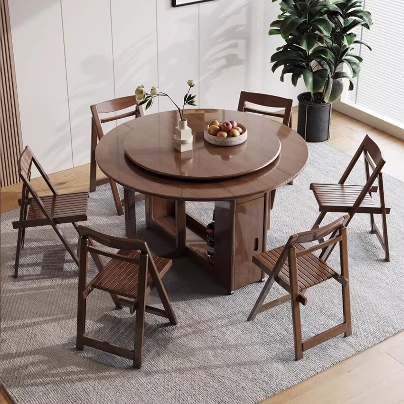 全实木折叠餐桌小户型胡桃木色圆形餐桌椅不占空间的可折叠餐桌