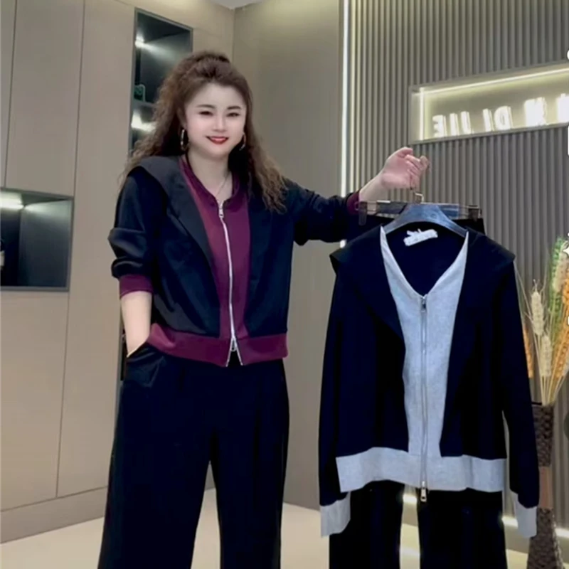 8101早秋新款拉链上衣裤子套装两件套撞色连帽小众可爱大码遮肚子