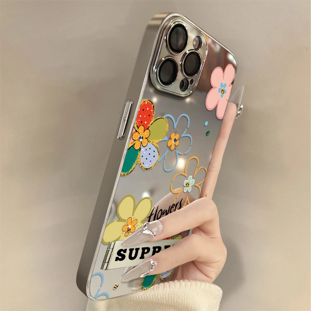 艺术小花适用苹果16Promax手机壳iPhone华为oppo小米vivo镜面套