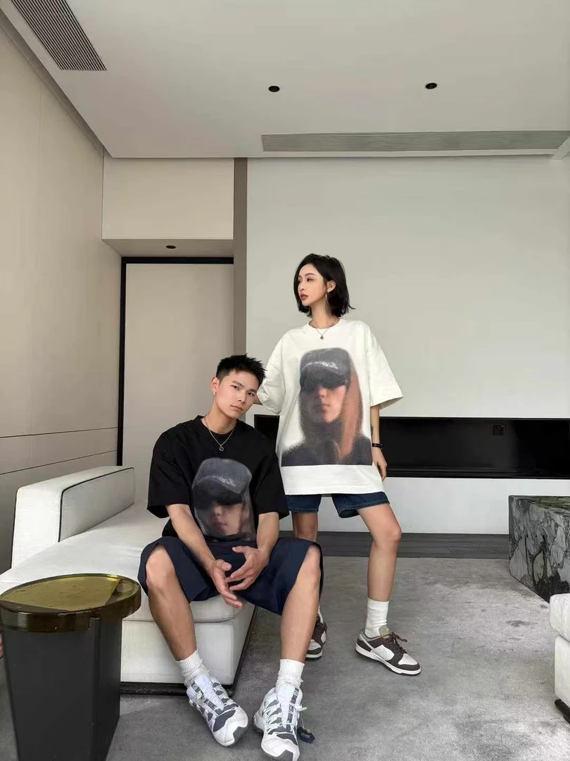 320克重磅三色美式人头图案短T
