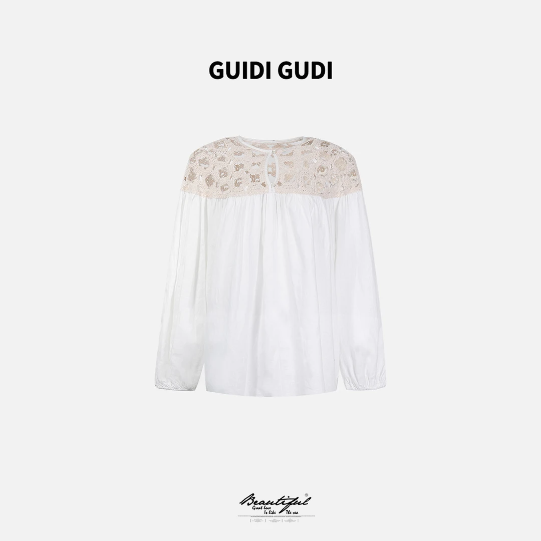 GUIDI GUDI【万有引力】加蓝重工蕾丝镂空拼接长袖T恤 T9511013H