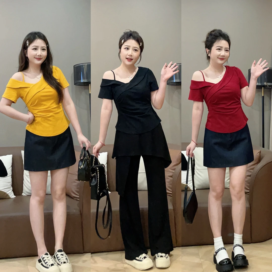 【清清价】洋气百搭斜领露肩短袖T恤夏微胖显瘦通勤P225X11373