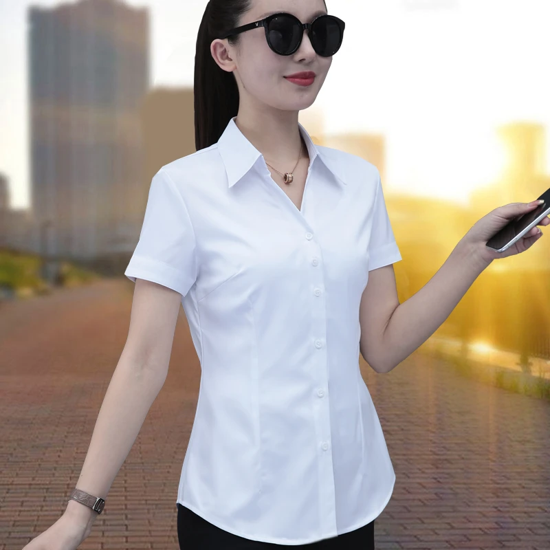 白色V领衬衫女短袖2025夏季新款韩版修身百搭工作服免烫职业衬衣
