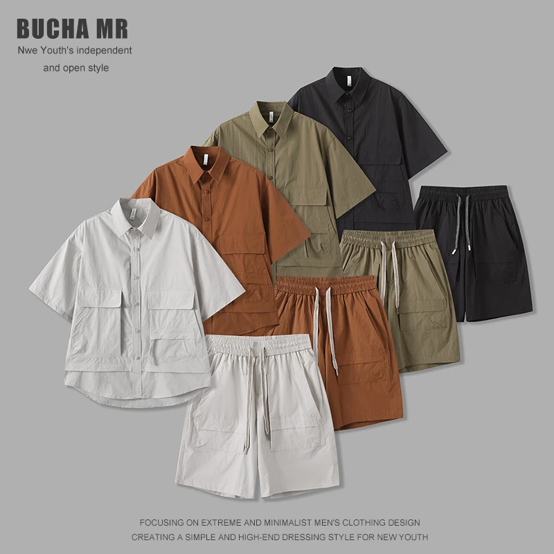 美式2025多口袋潮牌工装套装夏季男生高街痞帅短袖衬衫短裤两件套