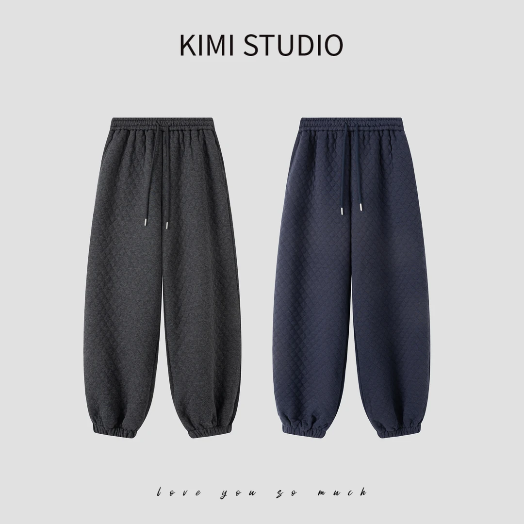 日常出街通勤宽松束脚裤女秋冬加厚菱格弹力腰保暖卫裤AW251339