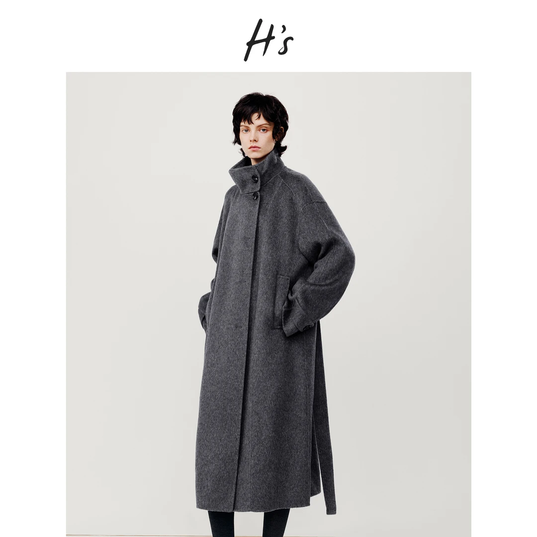 H'S双面毛呢外套女25冬新款立领单排扣长款两穿保暖绵羊毛呢大衣