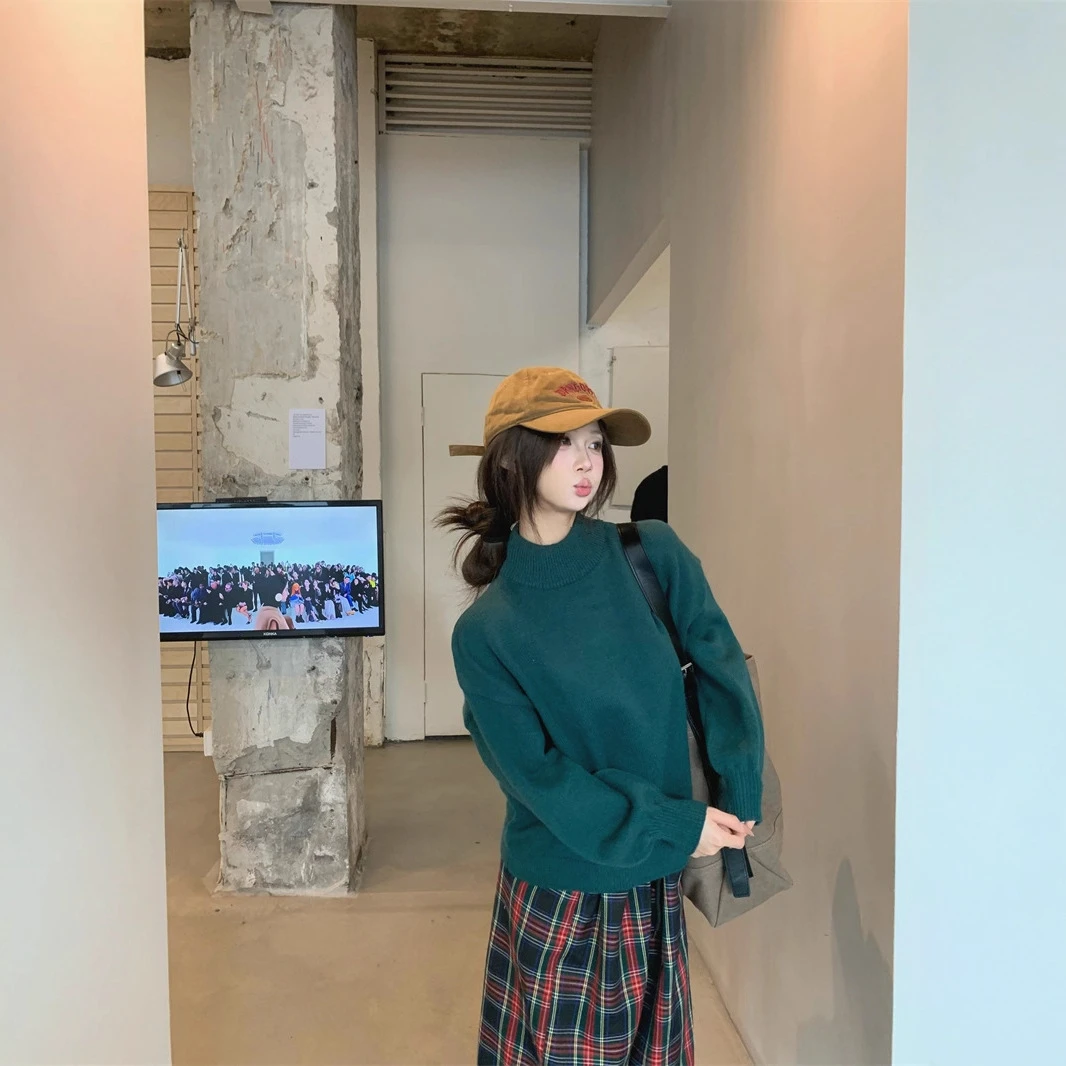 实拍2025女式圣诞主题红绿闺蜜套头半高领针织衫打底外穿毛衣女