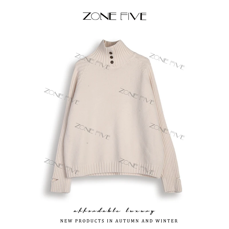 【三粒扣】冬韩版宽松高领长袖针织衫女洋气时髦高级感毛衣