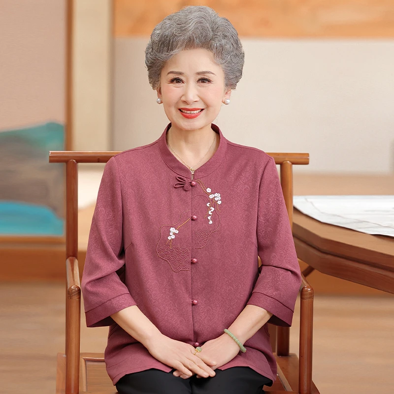 奶奶装夏装女七分袖新中式国风上衣衬衫妈妈装秋装洋气喜婆婆婚宴