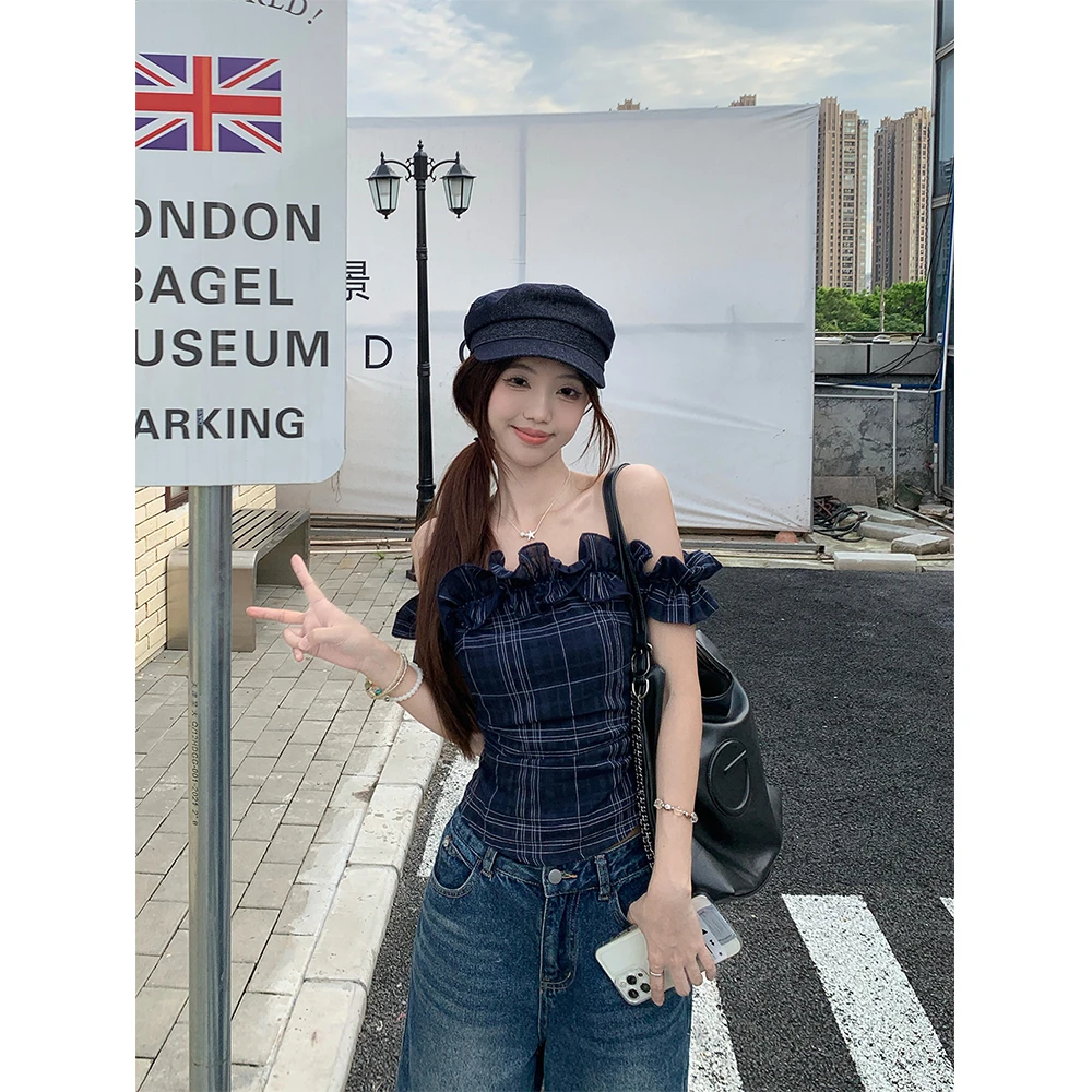 【甜心cake】 一字肩花边设计感修身显瘦上衣辣妹复古衬衫夏21719#