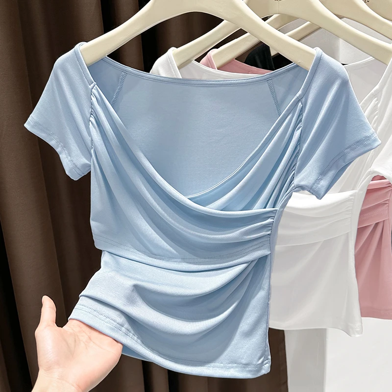 交叉v领褶皱修身短袖t恤夏季绝美收腰洋气减龄小衫薄款百搭上衣女
