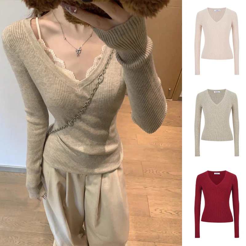 Moses Queen/魔西女王 V领针织长袖女秋季修身显瘦百搭气质上衣