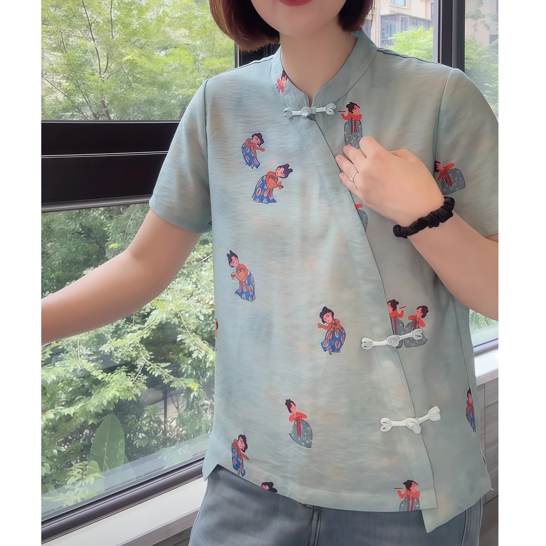 小唐人中式立领盘扣通勤女士短袖小衫2025设计感上衣下摆不规则女