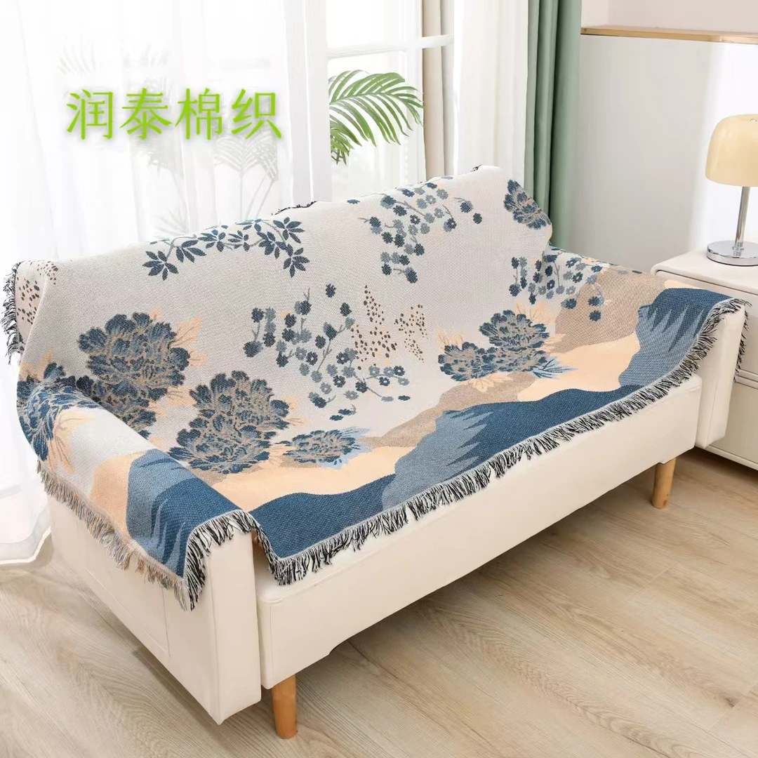 山水四季通用牡丹90x330加长加密流苏沙发巾色织提花不滑不溜