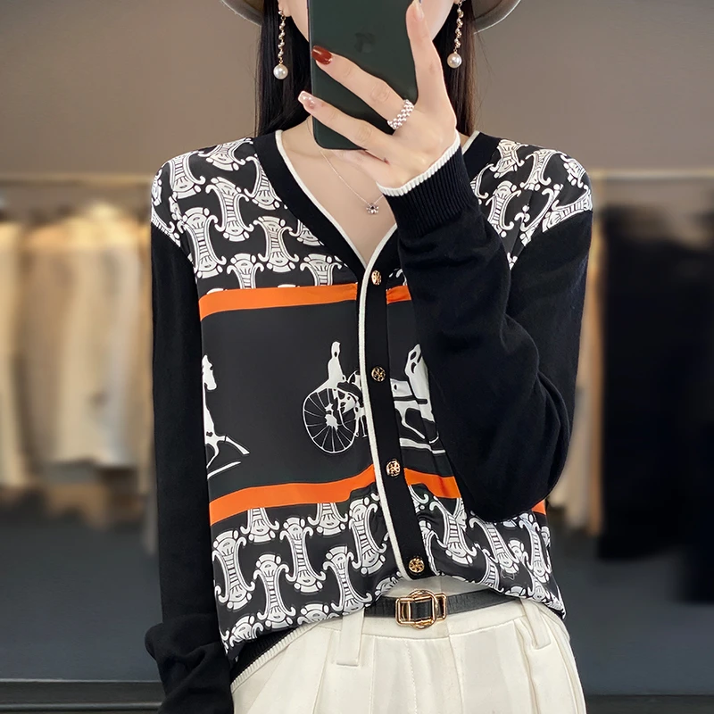 羊范春夏薄款缎面印花拼接V领上衣女士气质精纺蚕丝羊毛长袖开衫
