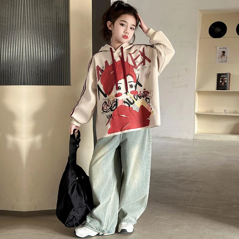 女大童套装春季2025新款韩系女孩时尚休闲洋气连帽印花卫衣6-12岁