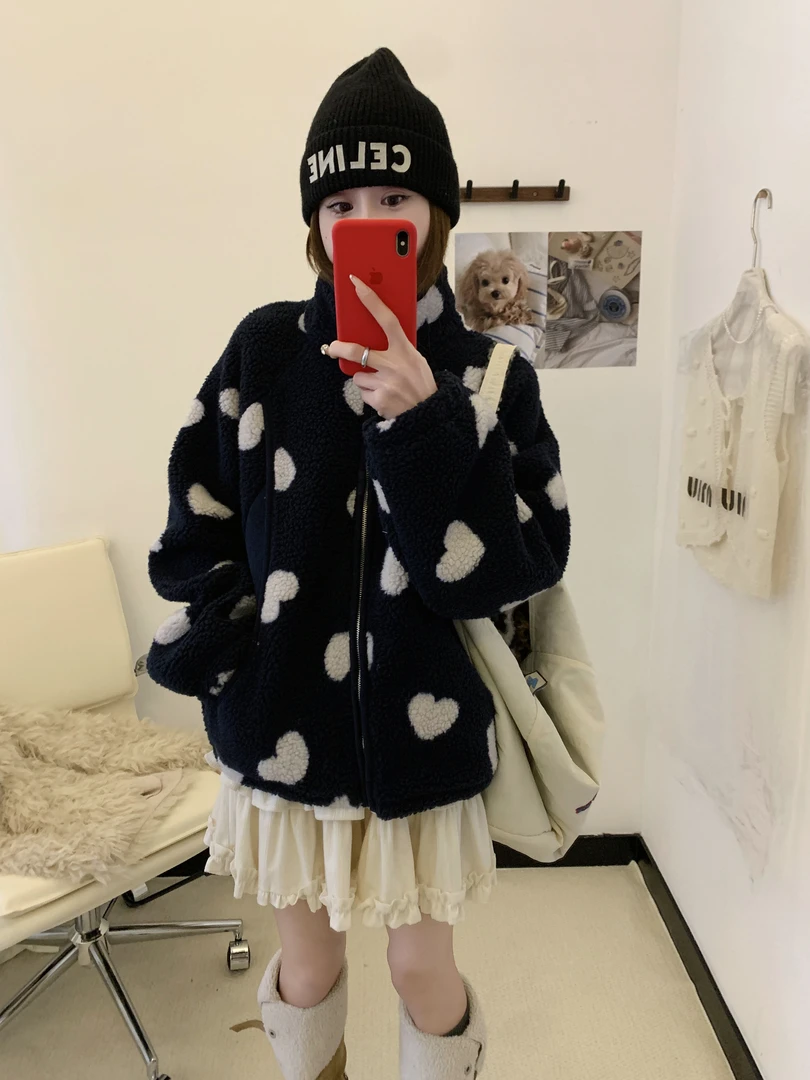 程程甄选  韩系爱心冬季加厚摇粒绒慵懒风立领休闲外套1256
